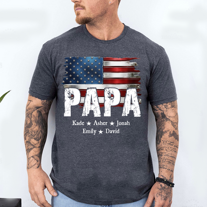 Personalized Papa Shirt Custom Kids Names Patriotic USA Flag, Custom Family Nickname for Dad Grandpa Birthday Father's Day Gift