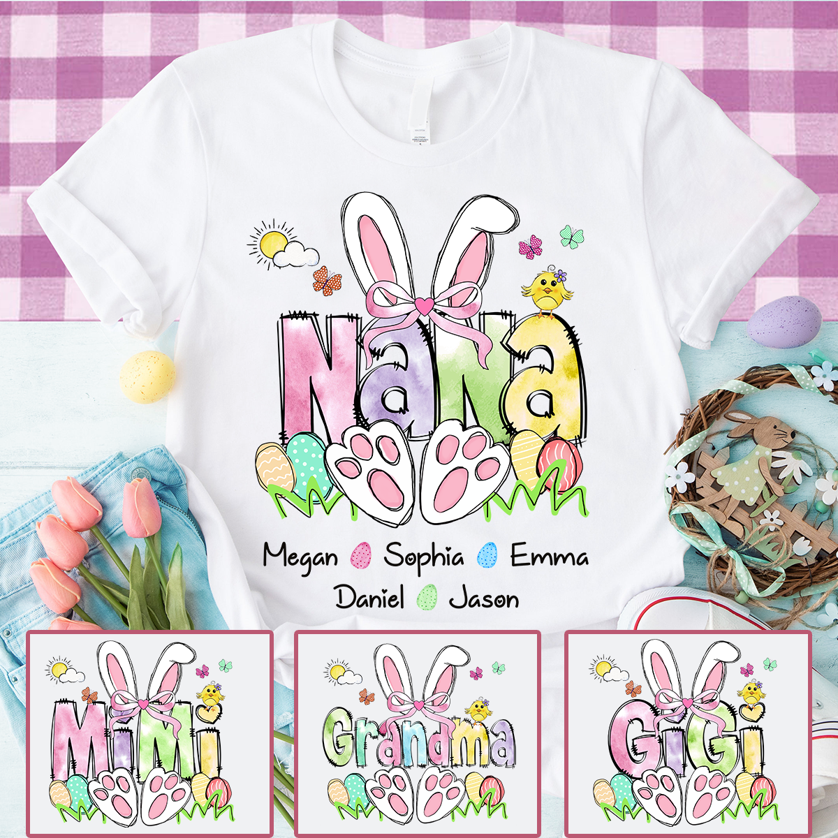Custom Easter Grandma Shirt, Gift For Grandma, Grandma Easter Shirt With Grandkids Names T-Shirt