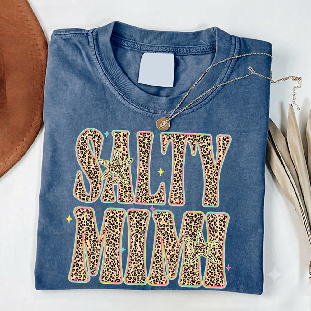 Comfort Colors® Personalized Salty Mimi Leopard Starfish Shirt, Beach Summer Vacation Tee, Funny Coastal Mimi Mom Life Shirt, Gift for Grandma Nana Mimi Women