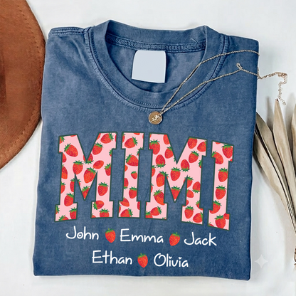 Comfort Colors® Personalized Mimi Strawberry Shirt, Custom Grandma Shirt with Grandkids Names, Cute Strawberry Graphic T-Shirt