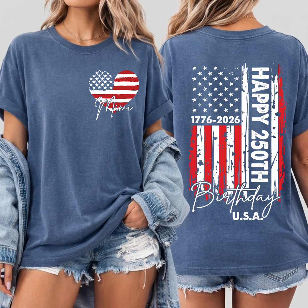 Personalized Mimi Patriotic Heart Flag Shirt, Happy 250th Birthday USA Grandma Shirt for Nana Gigi Mimi, 250 Years of Freedom 4th of July Comfort Colors® Shirt