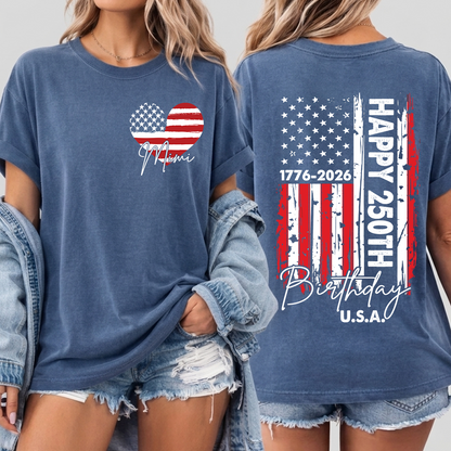 Personalized Mimi Patriotic Heart Flag Shirt, Happy 250th Birthday USA Grandma Shirt for Nana Gigi Mimi, 250 Years of Freedom 4th of July Comfort Colors® Shirt