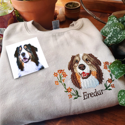 Custom Dog Portrait Embroidered Sweatshirt, Personalized Pet Face and Pet name Sweatshirt