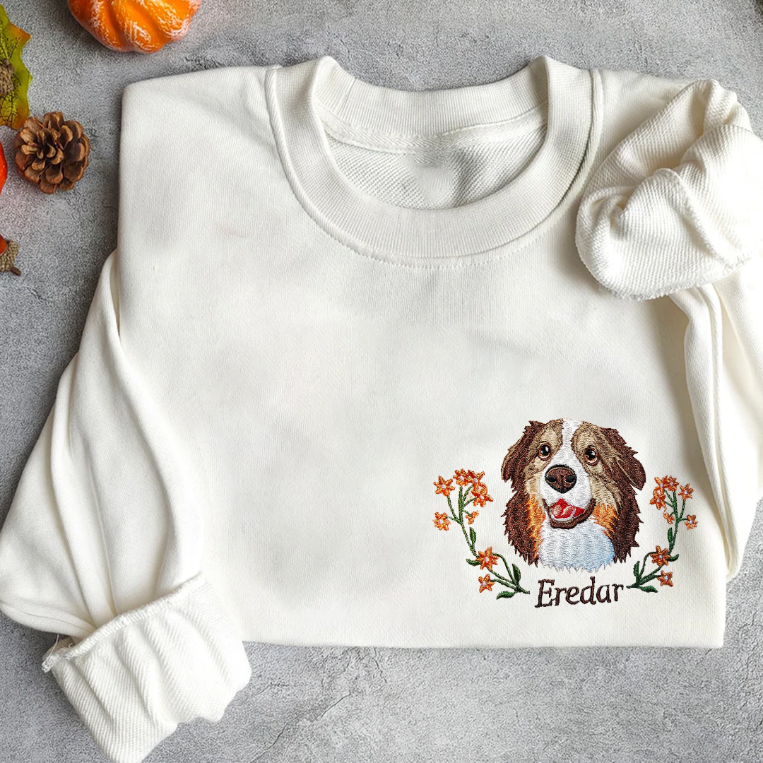 Custom Dog Portrait Embroidered Sweatshirt, Personalized Pet Face and Pet name Sweatshirt