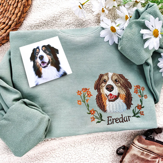 Custom Dog Portrait Embroidered Sweatshirt, Personalized Pet Face and Pet name Sweatshirt