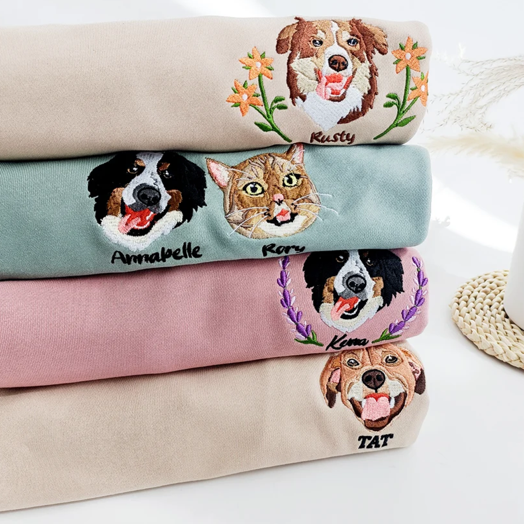 Custom Dog Portrait Embroidered Sweatshirt, Personalized Pet Face and Pet name Sweatshirt