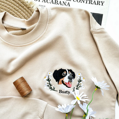 Custom Dog Portrait Embroidered Sweatshirt, Personalized Pet Face and Pet name Sweatshirt