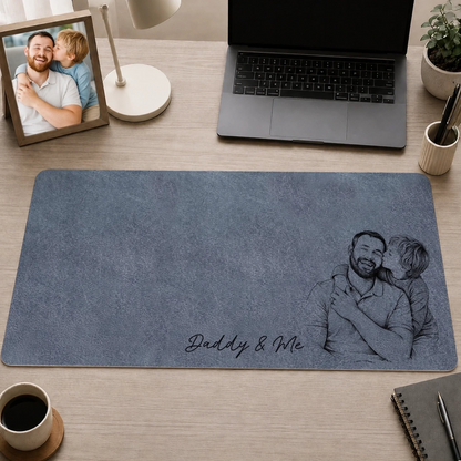 Custom Photo Pencil Sketch Family Portrait Best Grandpa Dad Ever - Personalized Leather Desk Mat