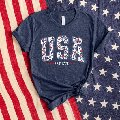 Floral USA Est. 1776 Graphic T-Shirt, Coquette Patriotic Tee, Floral America Shirt, Preppy Women's 4th Tees