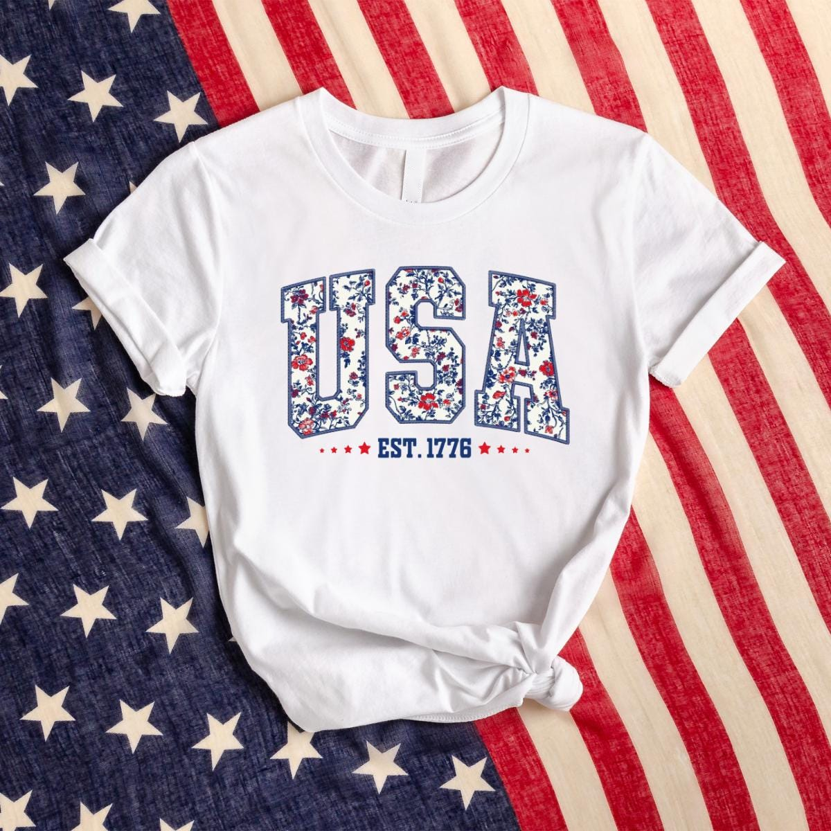 Floral USA Est. 1776 Graphic T-Shirt, Coquette Patriotic Tee, Floral America Shirt, Preppy Women's 4th Tees