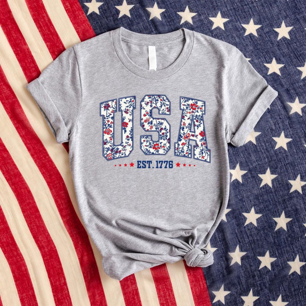 Floral USA Est. 1776 Graphic T-Shirt, Coquette Patriotic Tee, Floral America Shirt, Preppy Women's 4th Tees