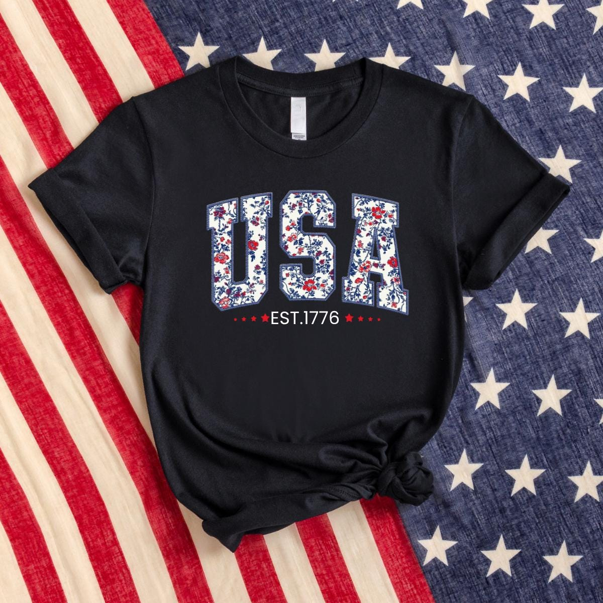 Floral USA Est. 1776 Graphic T-Shirt, Coquette Patriotic Tee, Floral America Shirt, Preppy Women's 4th Tees