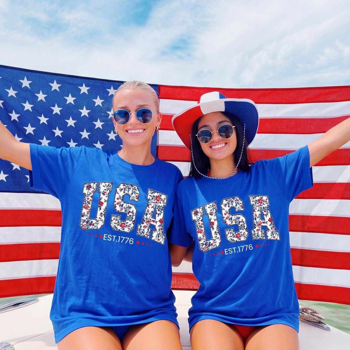 Floral USA Est. 1776 Graphic T-Shirt, Coquette Patriotic Tee, Floral America Shirt, Preppy Women's 4th Tees