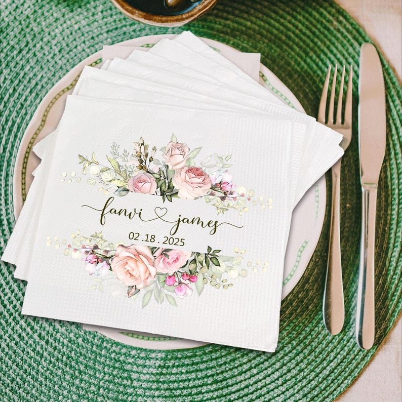 Personalized Wedding Cocktail Napkins – Custom Floral Name & Date Napkins for Wedding Decor
