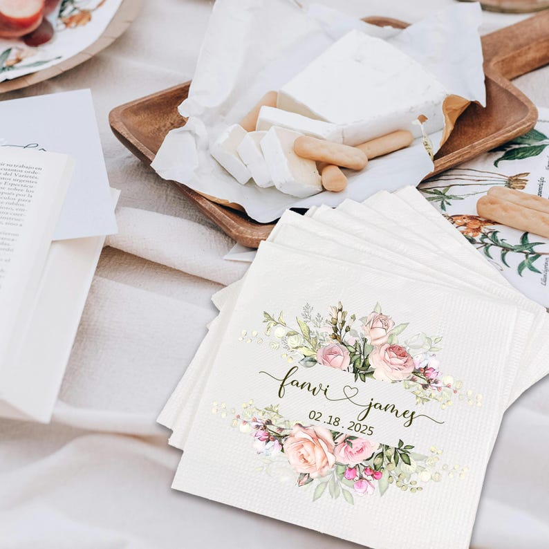Personalized Wedding Cocktail Napkins – Custom Floral Name & Date Napkins for Wedding Decor