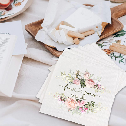 Personalized Wedding Cocktail Napkins – Custom Floral Name & Date Napkins for Wedding Decor