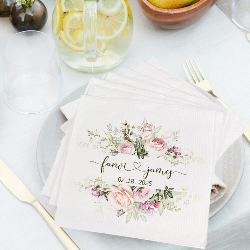 Personalized Wedding Cocktail Napkins – Custom Floral Name & Date Napkins for Wedding Decor
