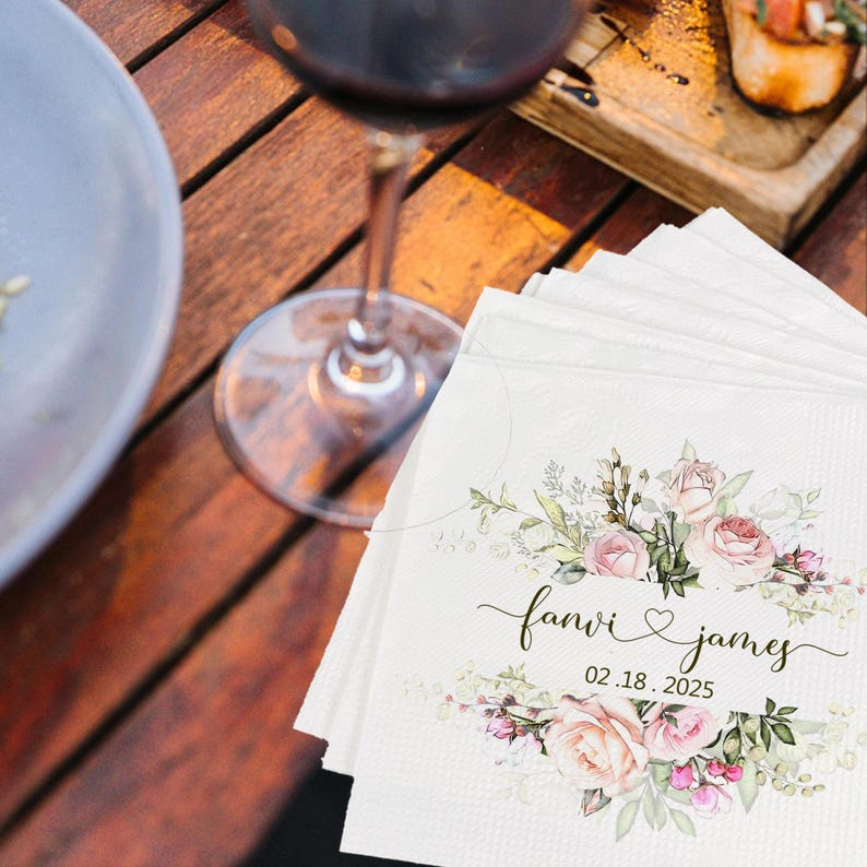 Personalized Wedding Cocktail Napkins – Custom Floral Name & Date Napkins for Wedding Decor
