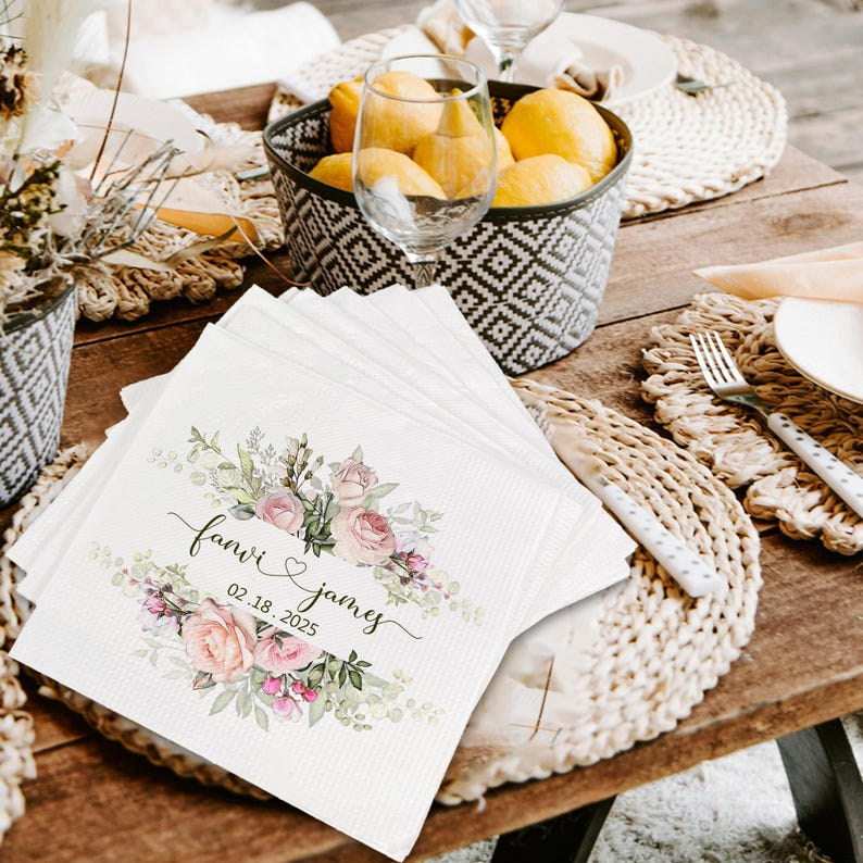 Personalized Wedding Cocktail Napkins – Custom Floral Name & Date Napkins for Wedding Decor