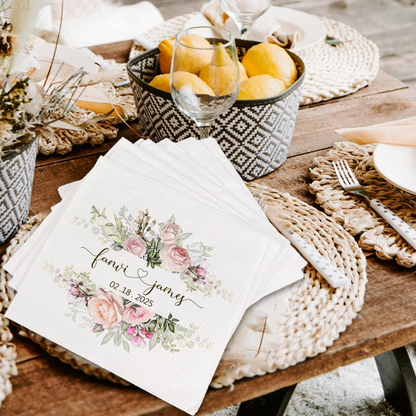 Personalized Wedding Cocktail Napkins – Custom Floral Name & Date Napkins for Wedding Decor