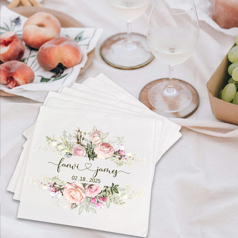Personalized Wedding Cocktail Napkins – Custom Floral Name & Date Napkins for Wedding Decor