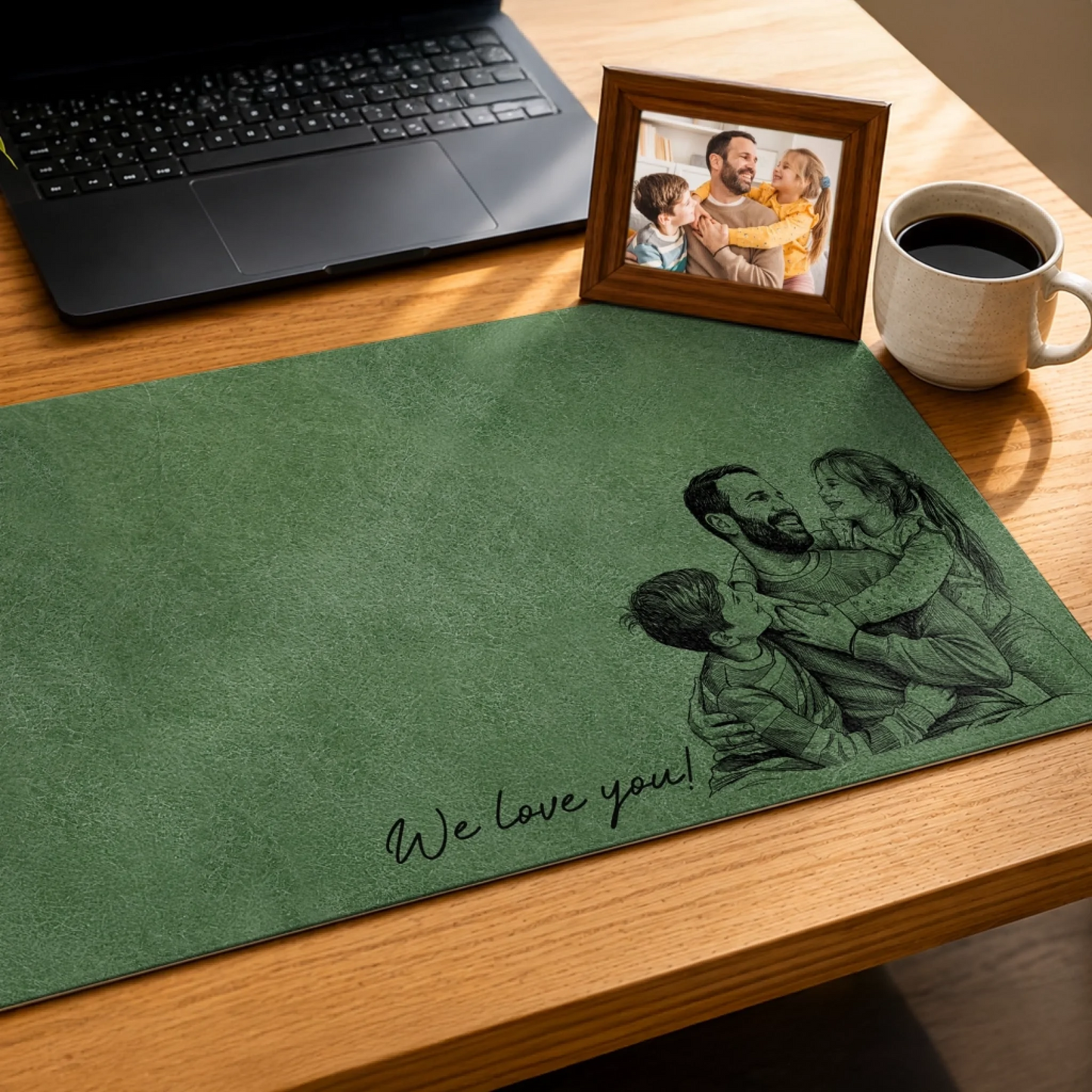 Custom Photo Pencil Sketch Family Portrait Best Grandpa Dad Ever - Personalized Leather Desk Mat