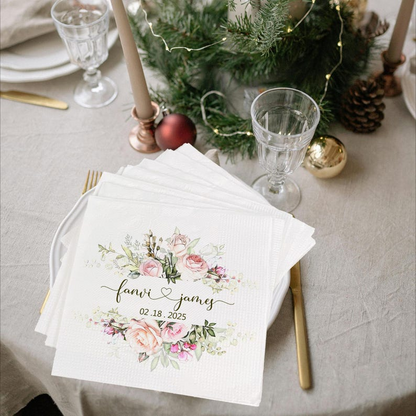 Personalized Wedding Cocktail Napkins – Custom Floral Name & Date Napkins for Wedding Decor