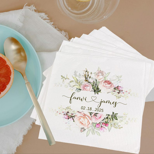 Personalized Wedding Cocktail Napkins – Custom Floral Name & Date Napkins for Wedding Decor