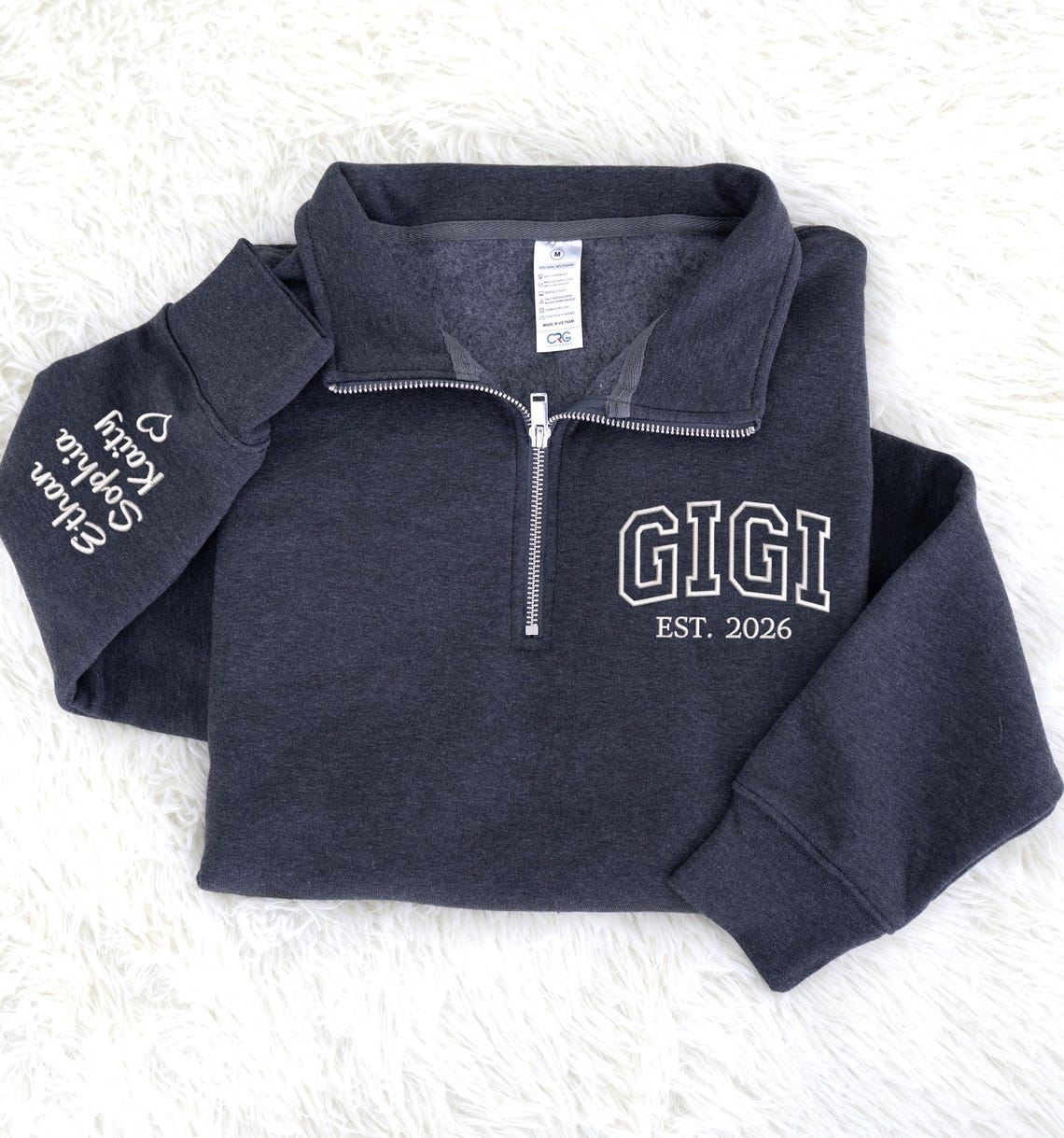 Personalized Gigi Quarter Zip Sweatshirt with Grandkids’ Names on Sleeve, Custom EST. Year Pullover Gift for Grandma