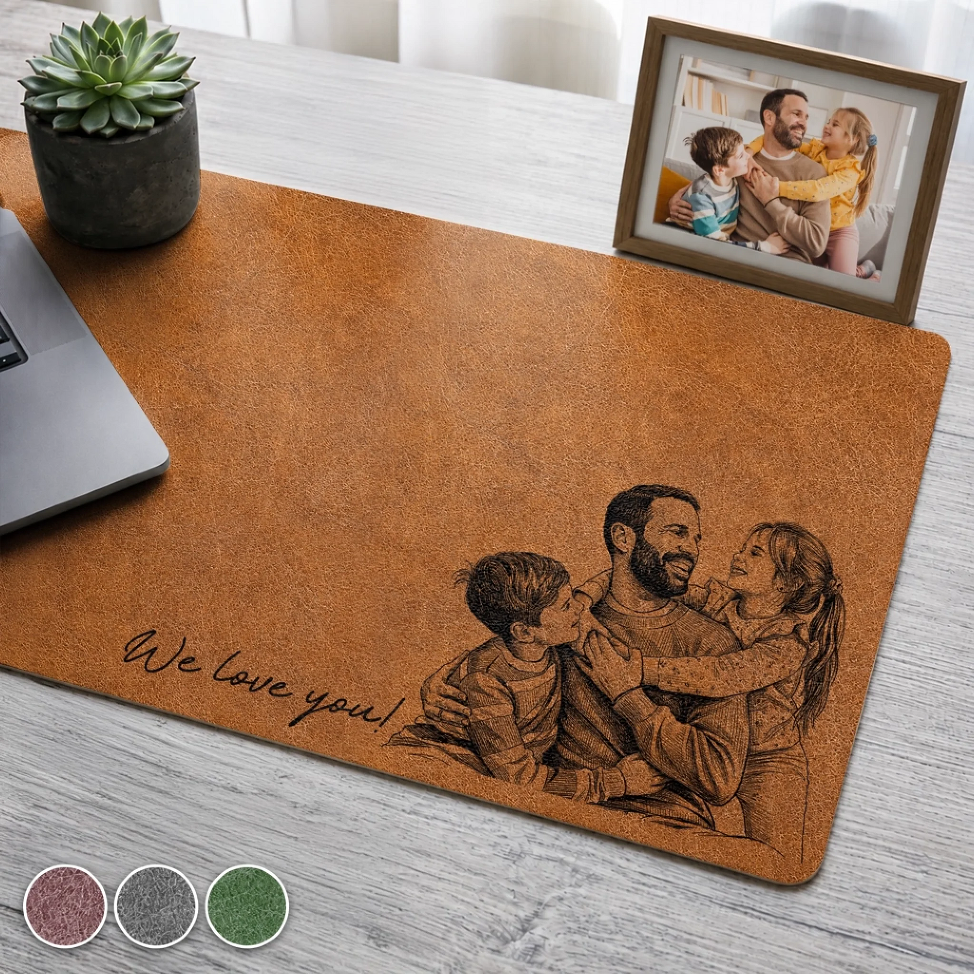 Custom Photo Pencil Sketch Family Portrait Best Grandpa Dad Ever - Personalized Leather Desk Mat
