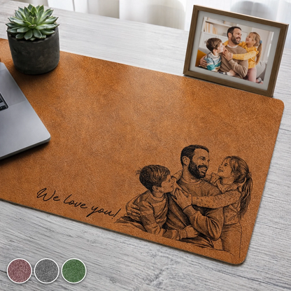 Custom Photo Pencil Sketch Family Portrait Best Grandpa Dad Ever - Personalized Leather Desk Mat