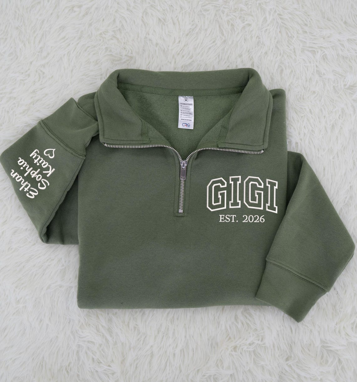 Personalized Gigi Quarter Zip Sweatshirt with Grandkids’ Names on Sleeve, Custom EST. Year Pullover Gift for Grandma