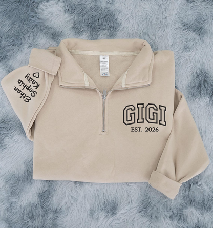 Personalized Gigi Quarter Zip Sweatshirt with Grandkids’ Names on Sleeve, Custom EST. Year Pullover Gift for Grandma