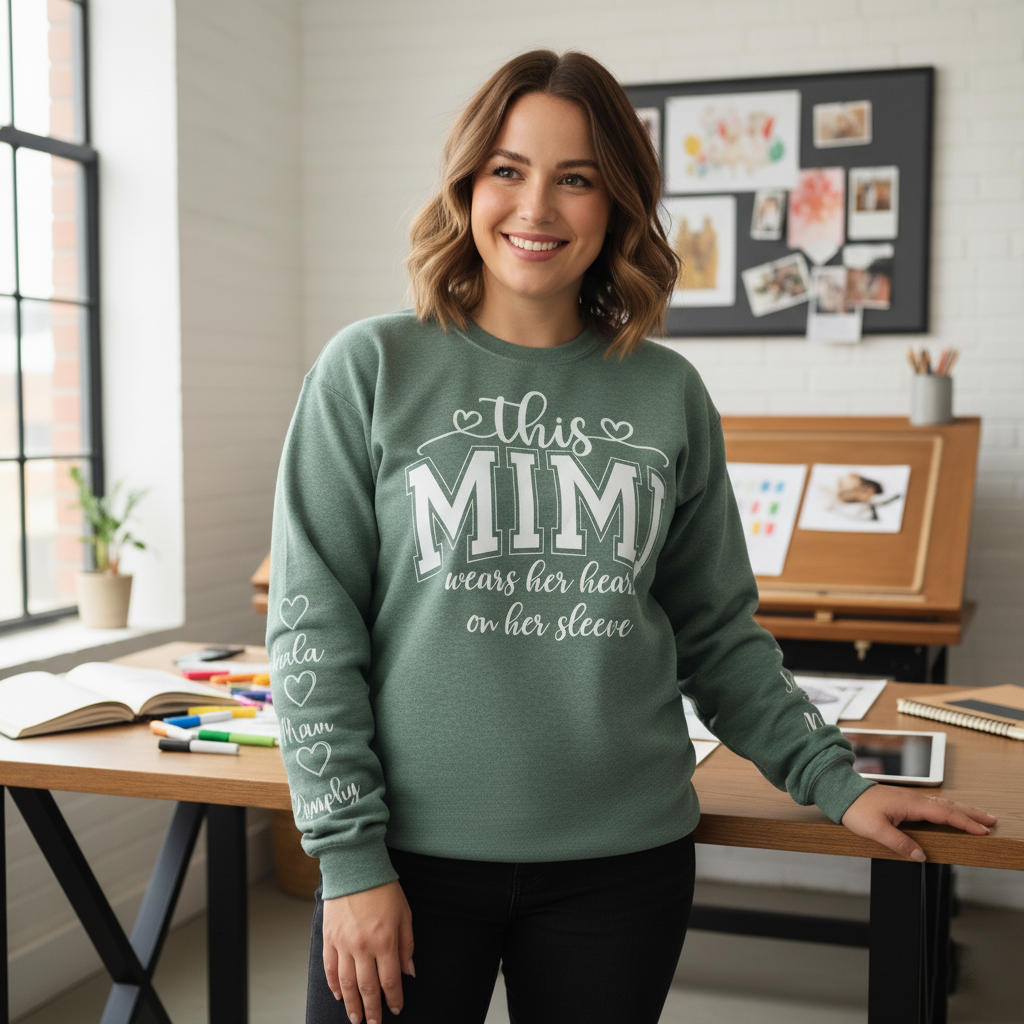 Personalized Grandma Sweatshirt - This Grandma Wears Her Heart On Her Sleeve, Custom Grandkids Names on Sleeve, Cozy Crewneck Sweater Gift for Grandma, Nana, Gigi, Mimi, Family Apparel
