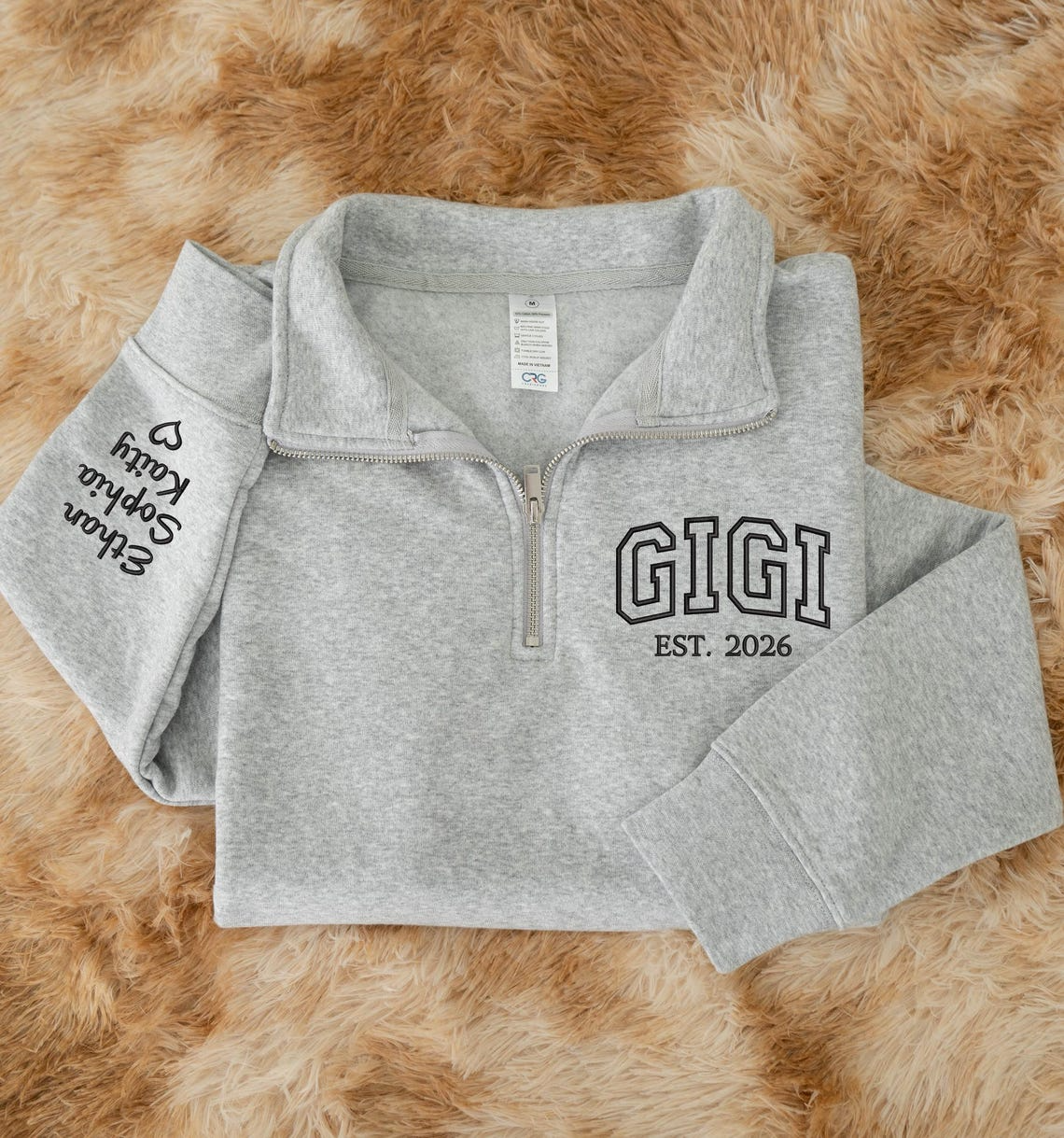 Personalized Gigi Quarter Zip Sweatshirt with Grandkids’ Names on Sleeve, Custom EST. Year Pullover Gift for Grandma