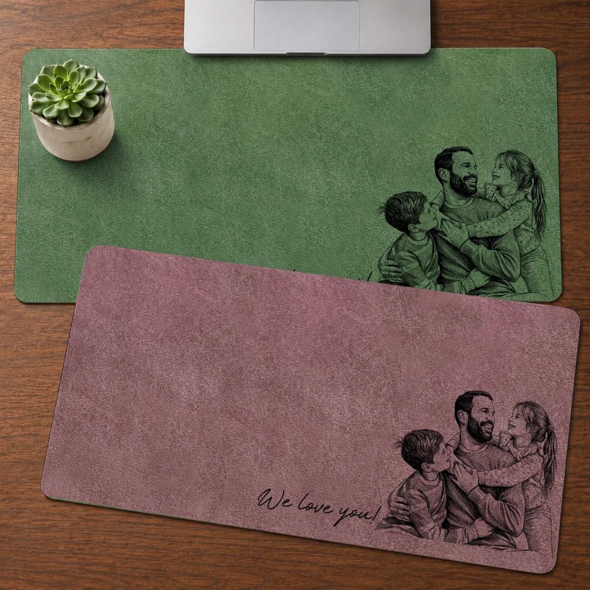 Custom Photo Pencil Sketch Family Portrait Best Grandpa Dad Ever - Personalized Leather Desk Mat