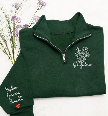 Personalized Grandma Quarter Zip Embroidered Sweatshirt – Custom Grandkids’ Names on Sleeve – Floral Embroidery Gift for Mom, Nana, Mimi