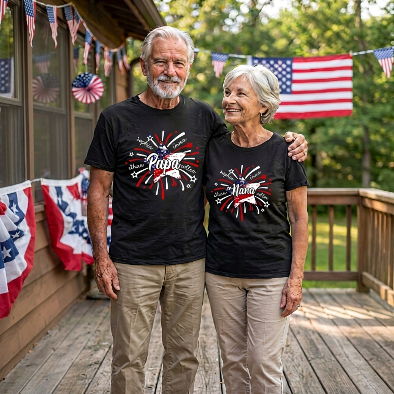 Personalized Mimi 4th of July Shirt, Custom Grandmother Name Patriotic T-Shirt, Independence Day Gift for Mimi, USA Fireworks Family Tee