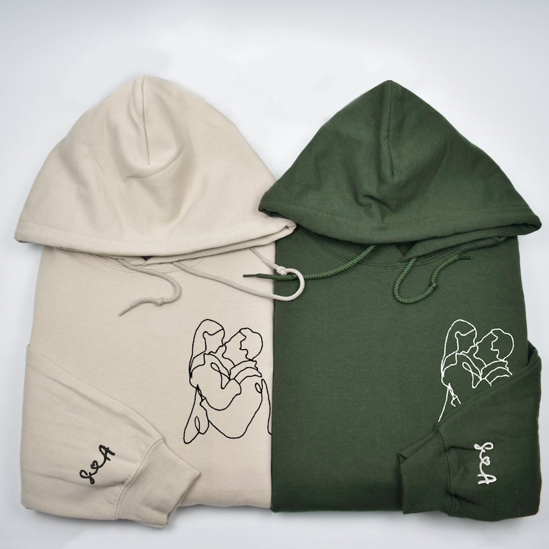 Custom Embroidered Portrait Hoodie, Personalized Couple Portrait Outline from Photo Hoodie, Matching Couple Hoodie, Valentine's Day Gifts Hoodie, Sweatshirt