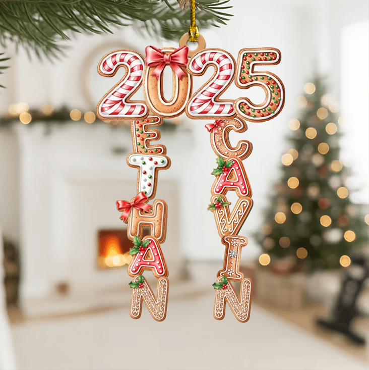 Personalized Gingerbread Family Name Ornament 2025 – Custom Hanging Christmas Tree Decoration with Kids’ Names, Holiday Keepsake Gift Ornament