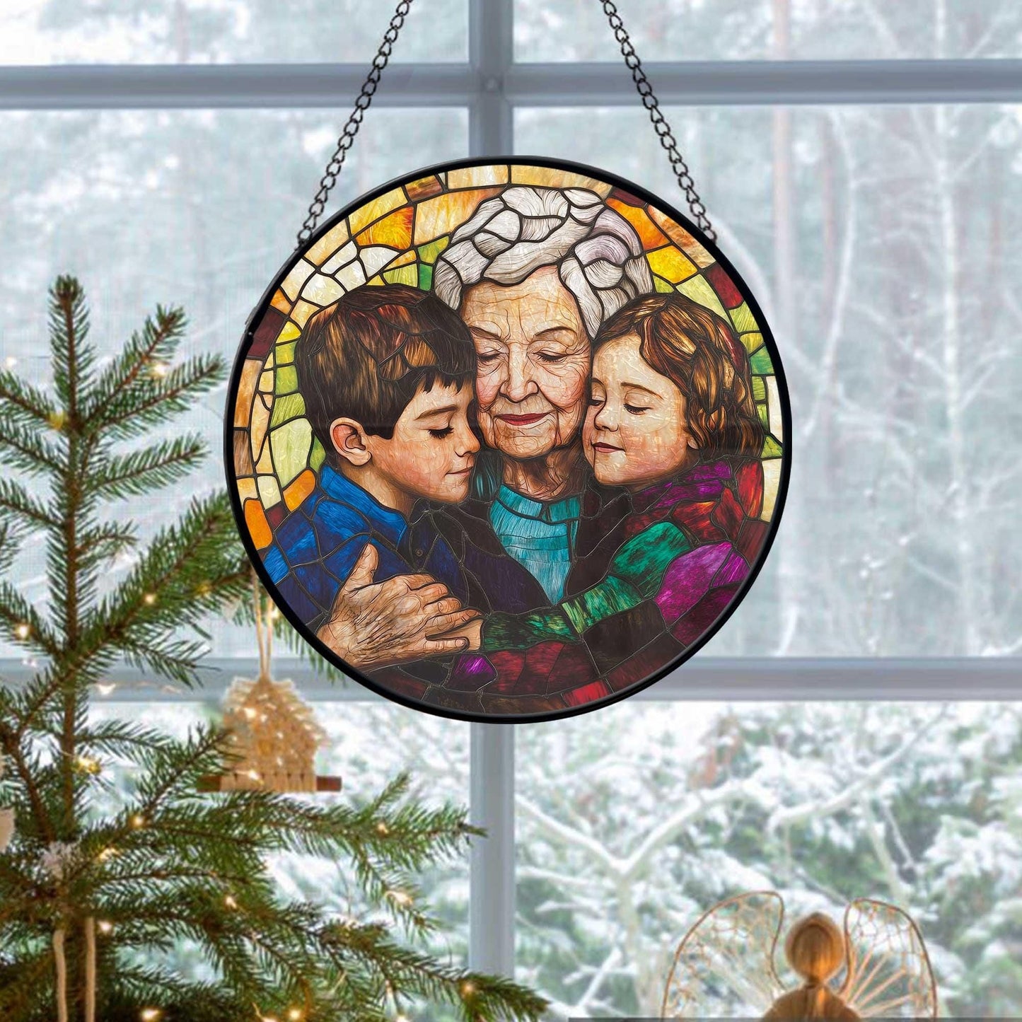 Personalized Grandma, Grandkids Portrait Faux Stained Glass, Grandma Portrait From Photo Window Hanging, Christmas Gift For Grandma