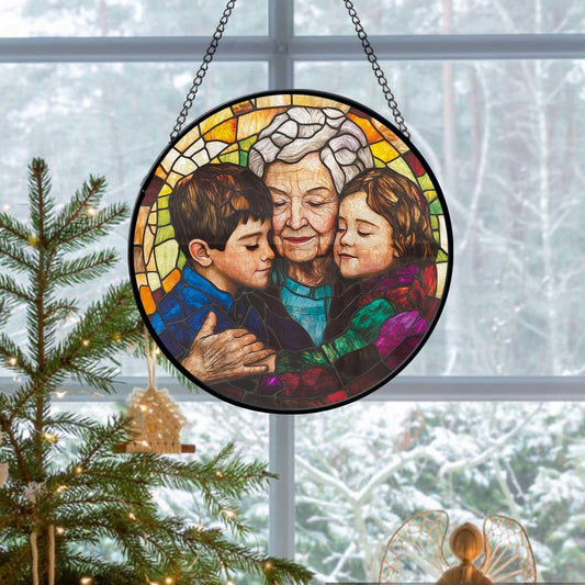 Personalized Grandma, Grandkids Portrait Faux Stained Glass, Grandma Portrait From Photo Window Hanging, Christmas Gift For Grandma