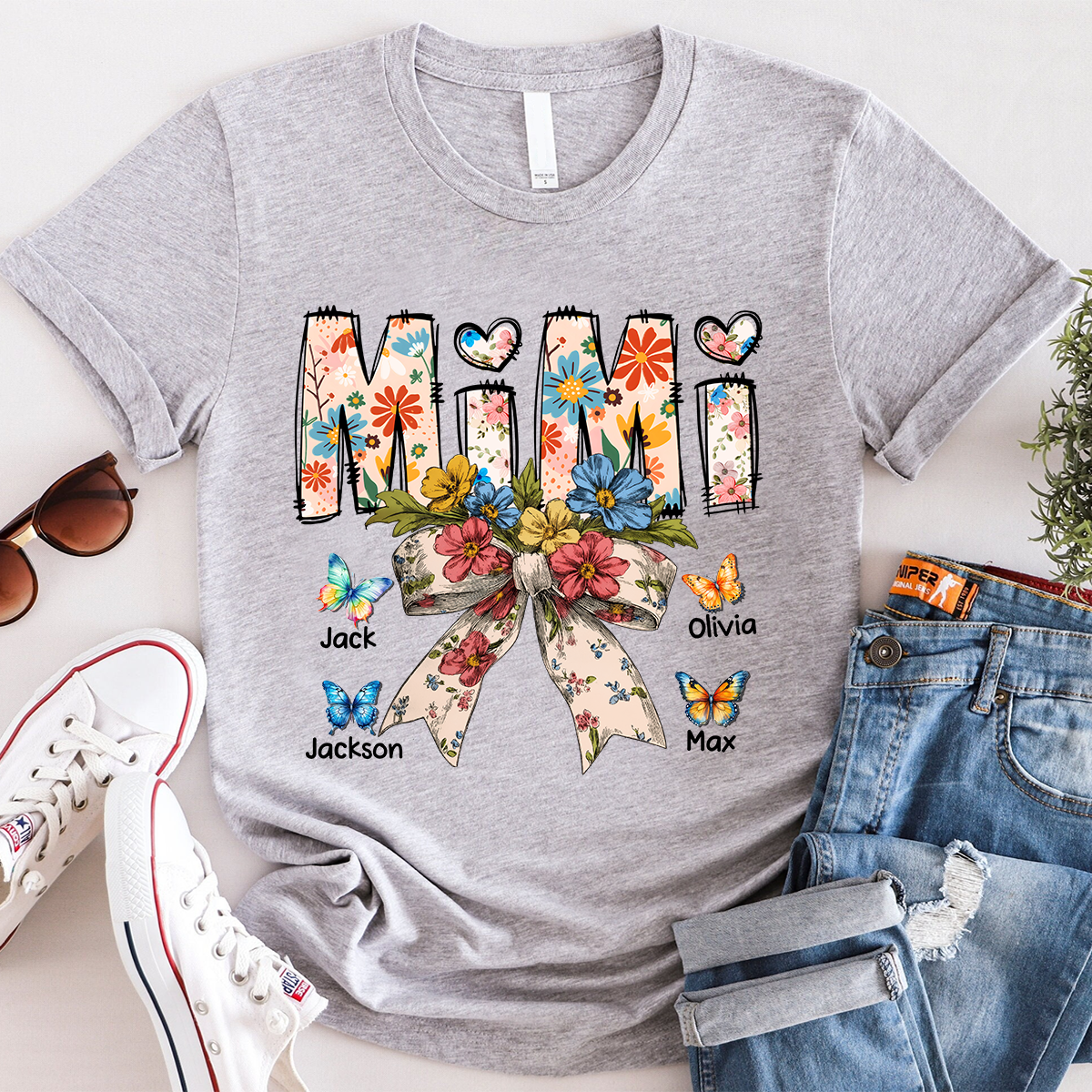 Personalized Mimi Flower Bow Butterfly With Grandkids Mother's Day TH T-Shirt