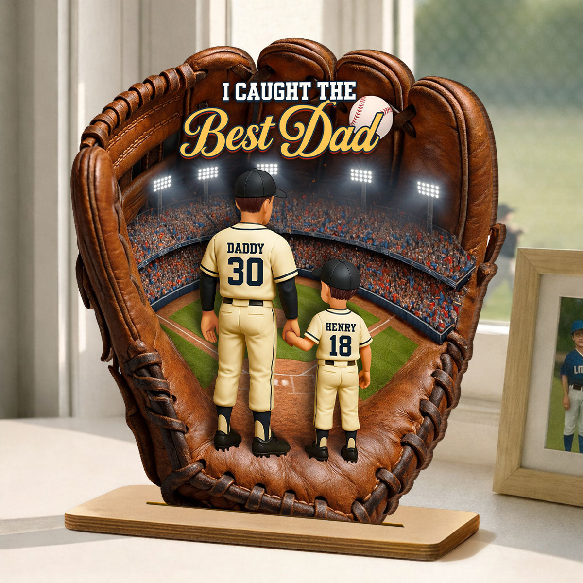 Personalized Baseball Glove Wooden Plaque for Dad – Custom Baseball Dad Gift with Kids Names, Father’s Day Decor 2-Layered Wooden Plaque