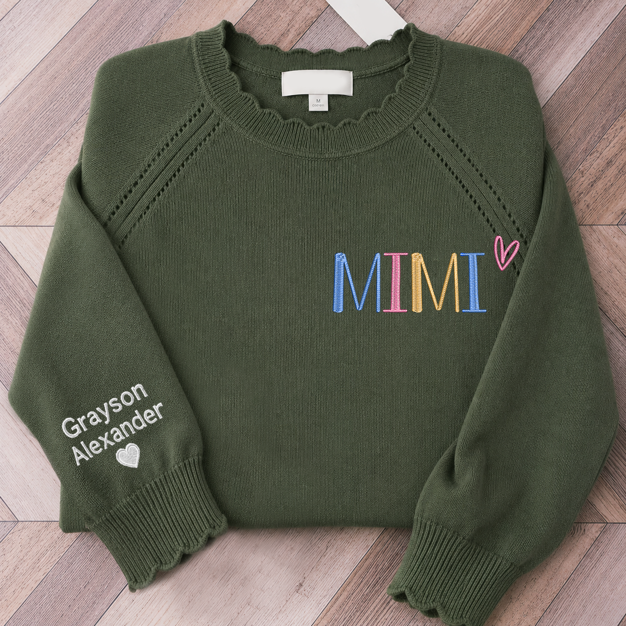 Embroidered Mimi Knit Sweater, Personalized Crewneck, Custom Sleeve Names and Heart, Grandma Gift Ideas