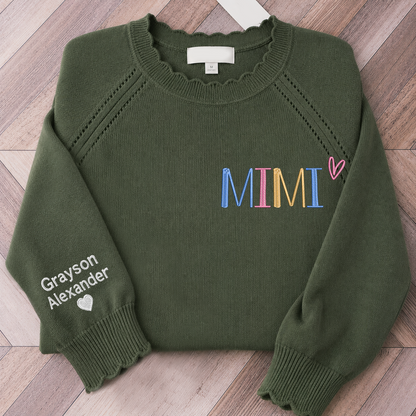 Embroidered Mimi Knit Sweater, Personalized Crewneck, Custom Sleeve Names and Heart, Grandma Gift Ideas