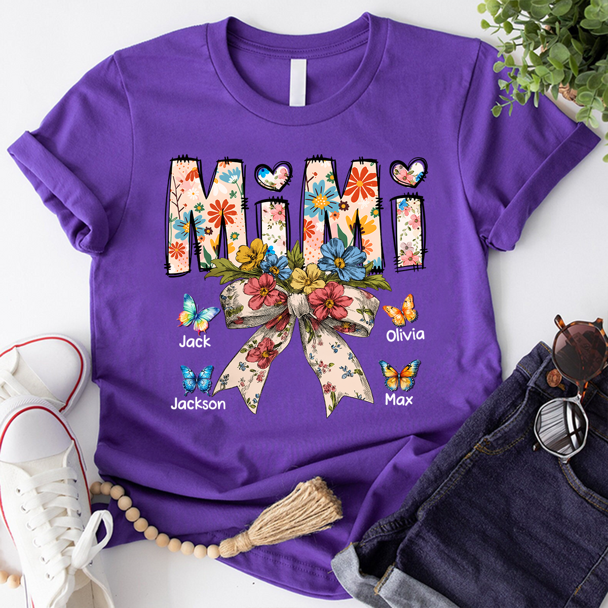 Personalized Mimi Flower Bow Butterfly With Grandkids Mother's Day TH T-Shirt