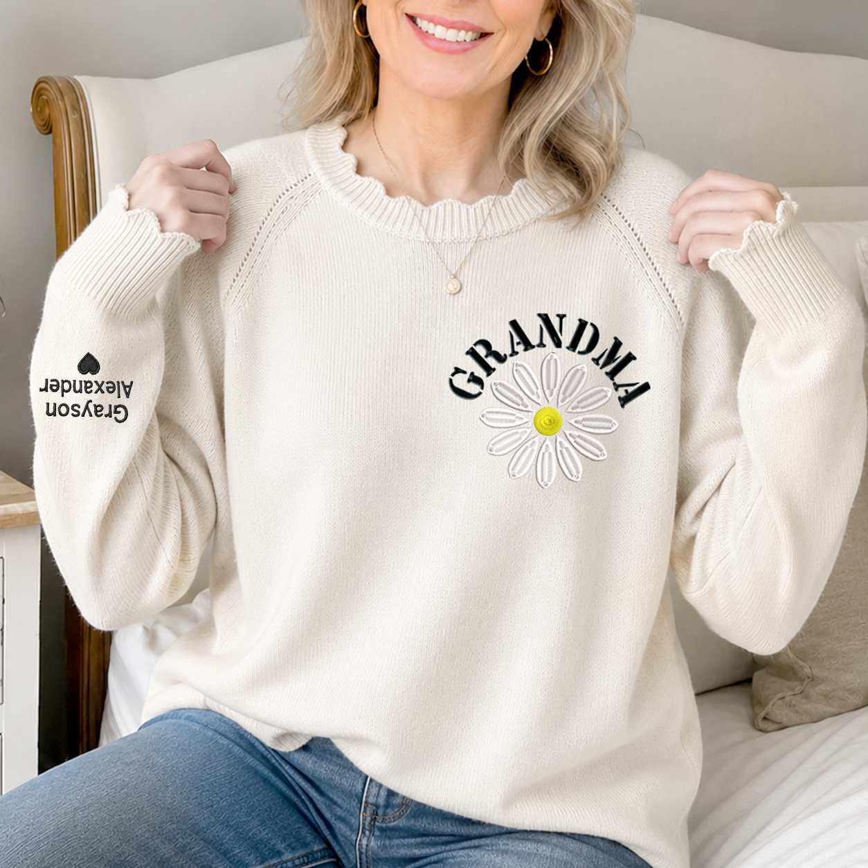 Custom Grandma Knit Sweater – Embroidered Daisy Pattern, Personalized Sleeve Text, Cozy Gift for Nana