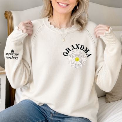 Custom Grandma Knit Sweater – Embroidered Daisy Pattern, Personalized Sleeve Text, Cozy Gift for Nana