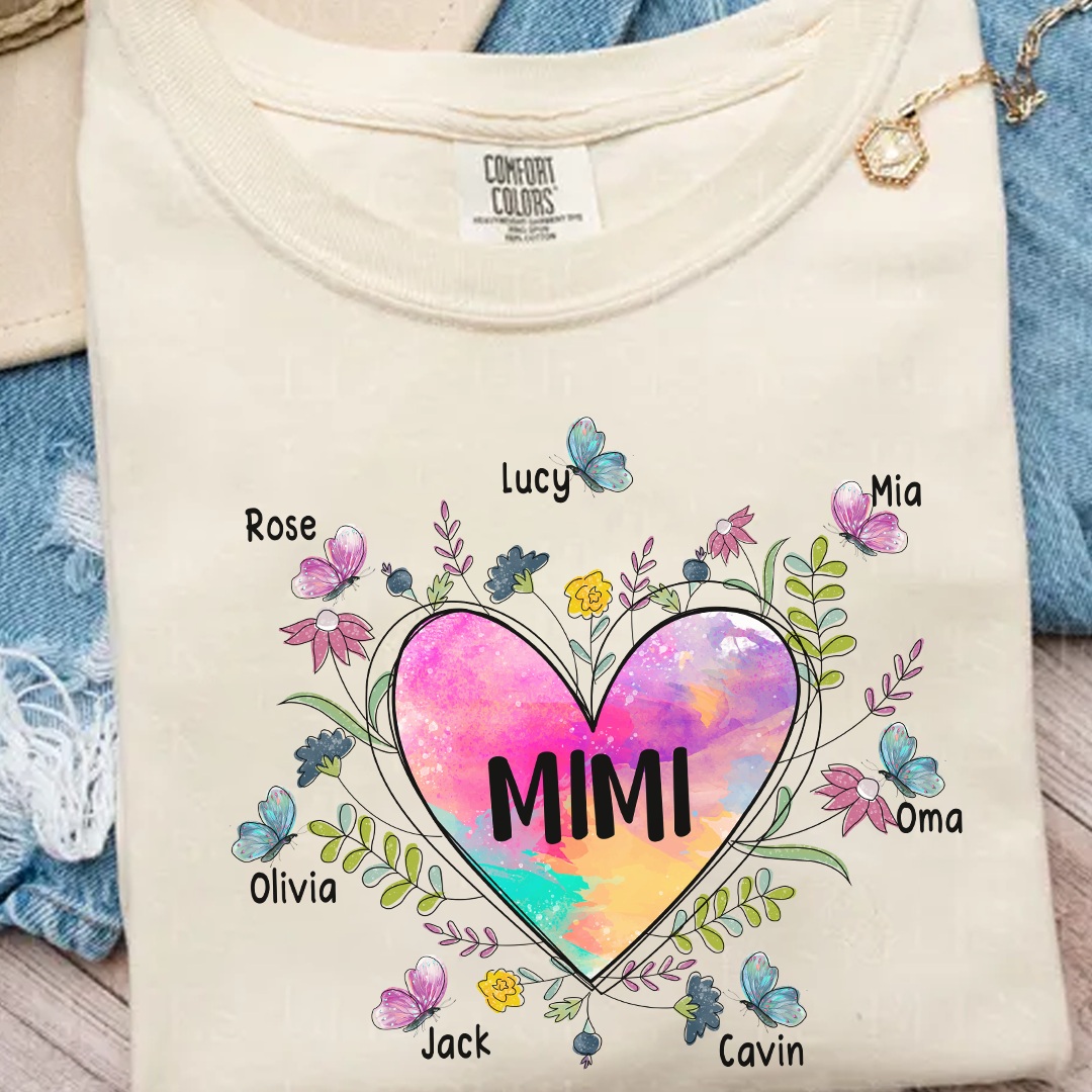 Comfort Colors® Personalize Mimi Flower Heart Shirt, Custom Grandma And Grandkids Shirt, Gifts For Grandma Shirt